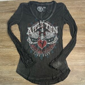 Affliction American Customs Studded Eagle Henley Long Sleeve Tee – Small